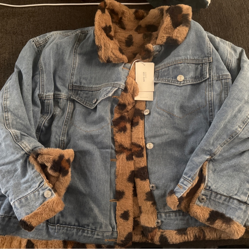 Denim Jacket with Faux Fur Leopard Trim (Reversible)